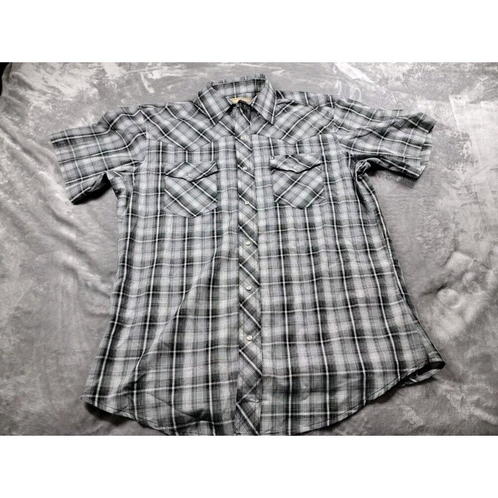 Wrangler Western Pearl Snap Large Short Sleeve Shirt Gray Black Plaid Pockets